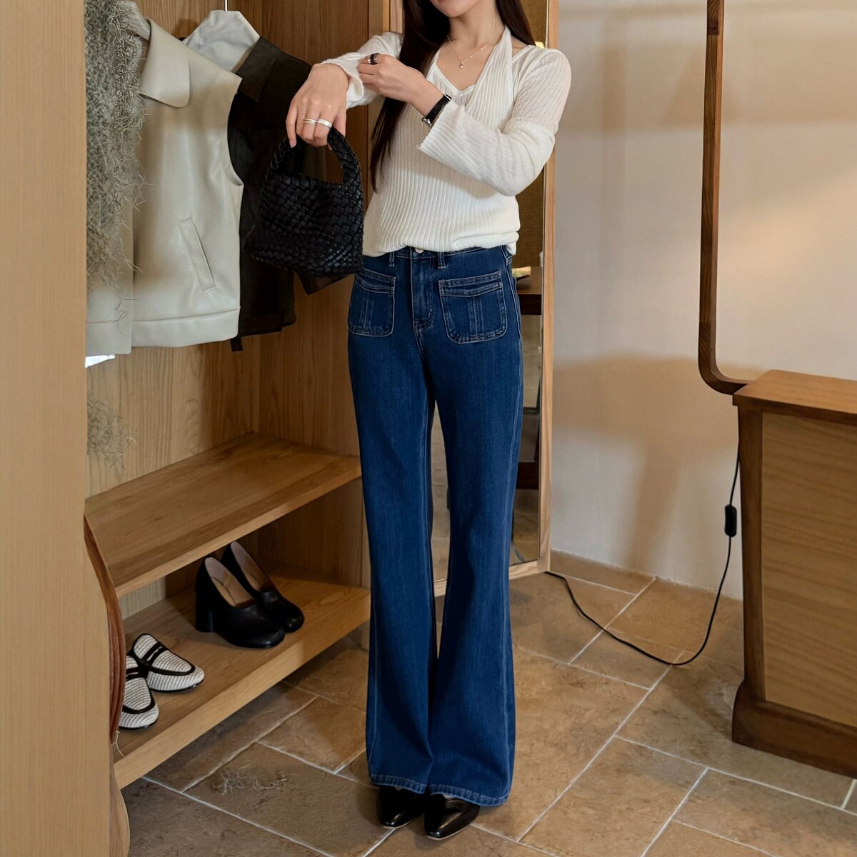 代嘉儿森调88838微喇牛仔裤女时尚口袋深蓝色弹力高腰十分喇叭裤