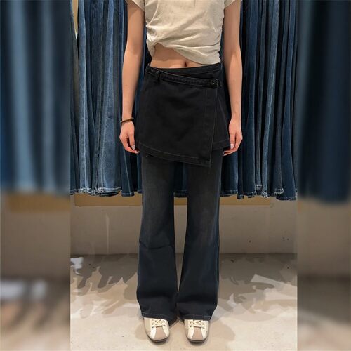 代嘉儿M308时尚屁帘蓝灰色筒喇牛仔裤女秋季百搭显瘦高腰微喇叭裤