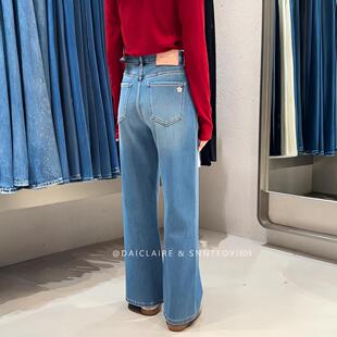 代嘉儿J305阔腿牛仔裤女粉底面料绣花蓝色弹力高腰显瘦十分筒喇裤