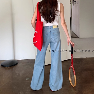 代嘉儿森调85116直筒微喇牛仔裤女夏款喇叭裤蓝色高腰十分筒喇裤