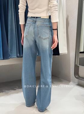 代嘉儿B9025字母刺绣直筒牛仔裤女春蓝色高腰宽松显瘦窄版阔腿裤