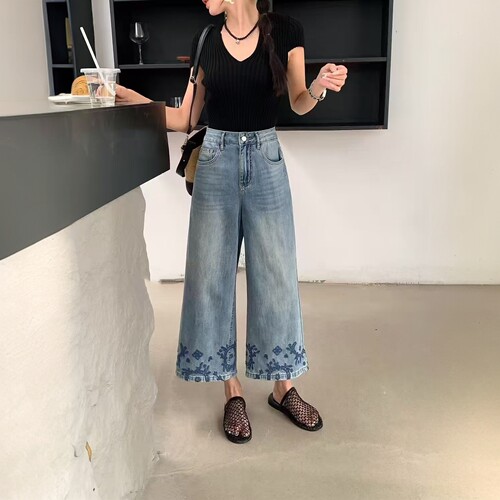 YESBON显瘦无弹刺绣八分窄版阔腿裤牛仔裤时尚水洗直筒裤女士Y238