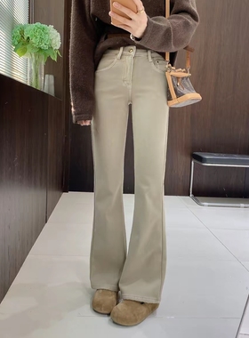 爆犀牛冬季加绒保暖微喇叭牛仔裤女高腰显瘦裤子弹力马蹄裤25861