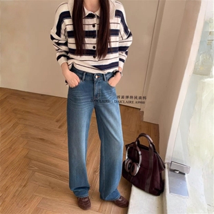 阔腿裤 代嘉儿加绒A9900牛仔裤 女2025冬保暖蓝色高腰弹力显瘦窄版