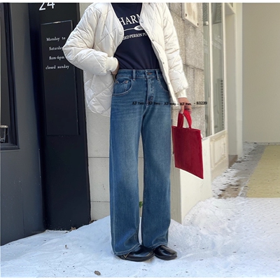 代嘉儿daiclaire加绒直筒牛仔裤女士冬显瘦复古窄版阔腿长裤83239