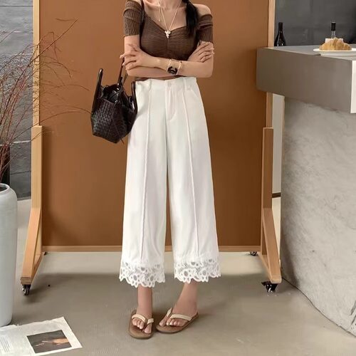 YESBON白色蕾丝直筒裤女2025夏季薄款宽松百搭九分阔腿牛仔裤Y249
