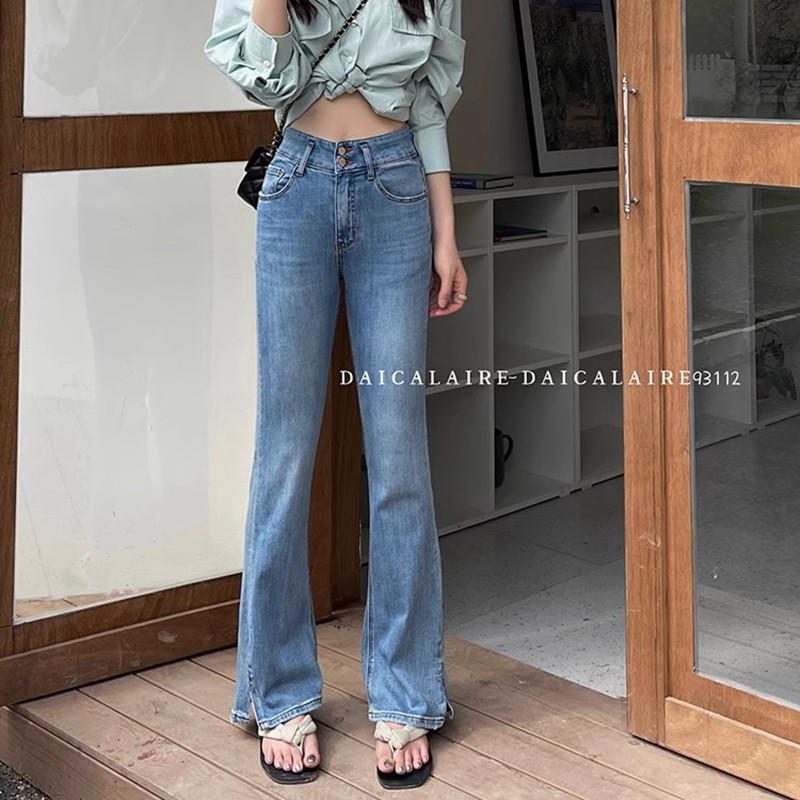 代嘉儿开叉微喇叭牛仔裤女2024夏季薄款高腰浅蓝修身鱼尾裤93112