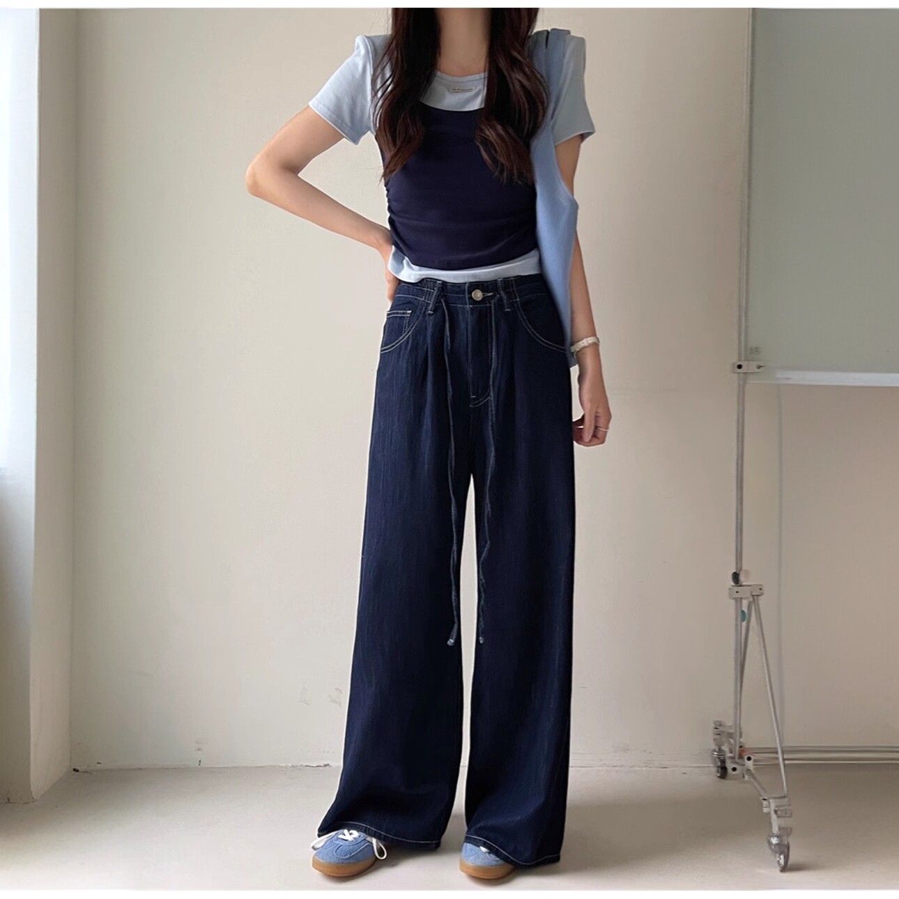 代嘉儿99618阔腿牛仔裤女夏薄款直筒裤抽绳高腰垂感无弹拖地甩裤