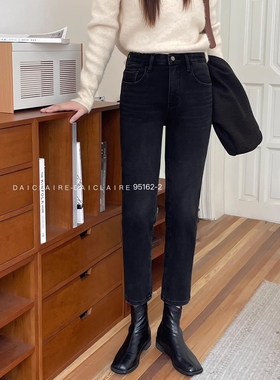 代嘉儿95162-2加绒牛仔裤女秋冬款Q暖绒直筒裤高腰显瘦九分烟管裤