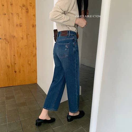 代嘉儿C9286直筒牛仔裤女秋季百搭法棍裤蓝色显瘦高腰九分奶奶裤