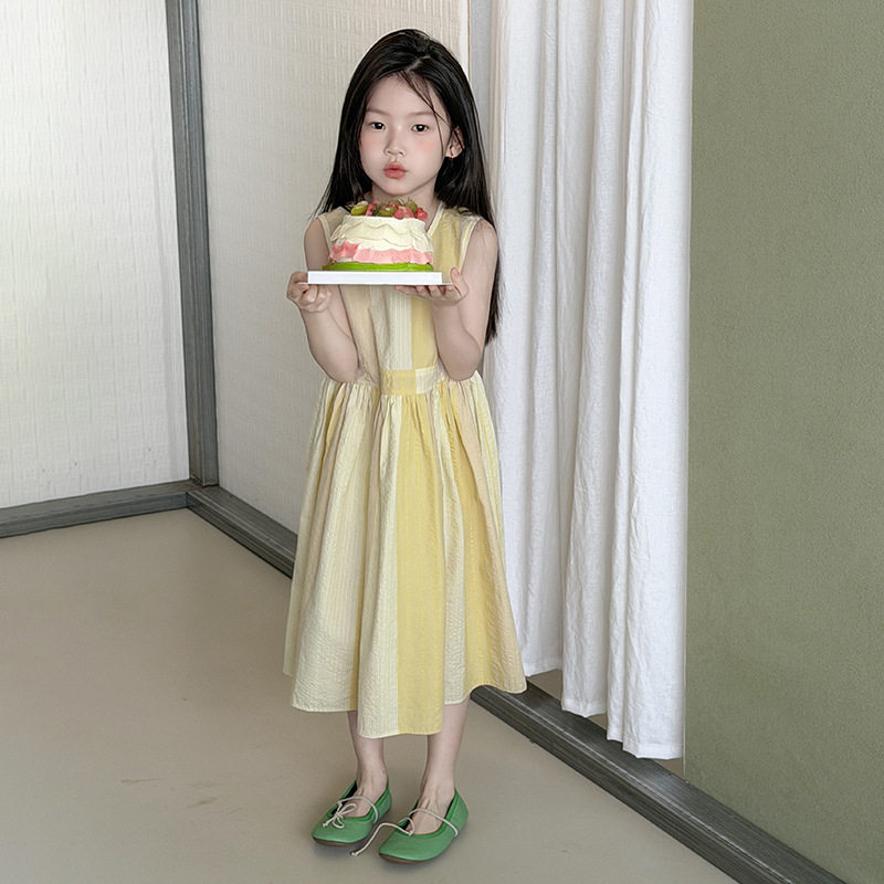 女童无袖背心裙夏季新款中长款甜美黄色裙子清新儿童温柔风连衣裙