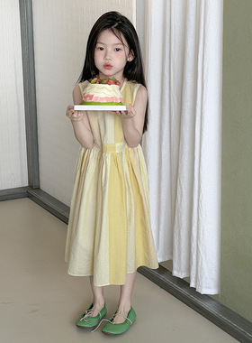 女童无袖背心裙夏季新款中长款甜美黄色裙子清新儿童温柔风连衣裙