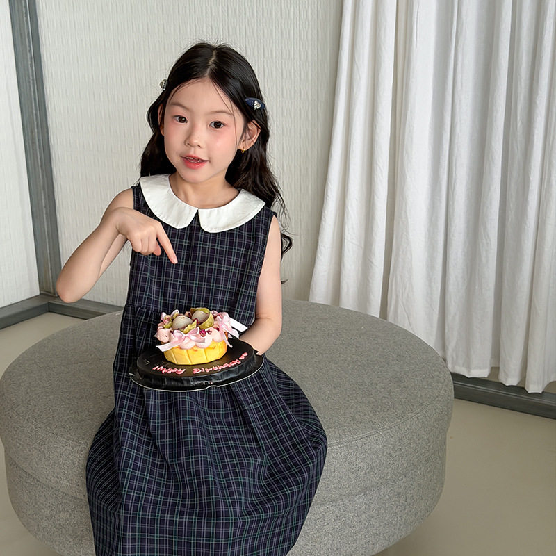 女童夏季学院风格子娃娃领连衣裙