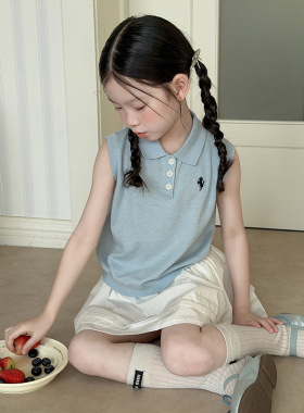 女童夏季无袖polo衫薄款韩版翻领学院风背心洋气小女孩透气上衣新
