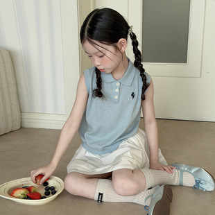 女童夏季无袖polo衫薄款韩版翻领学院风背心洋气小女孩透气上衣新