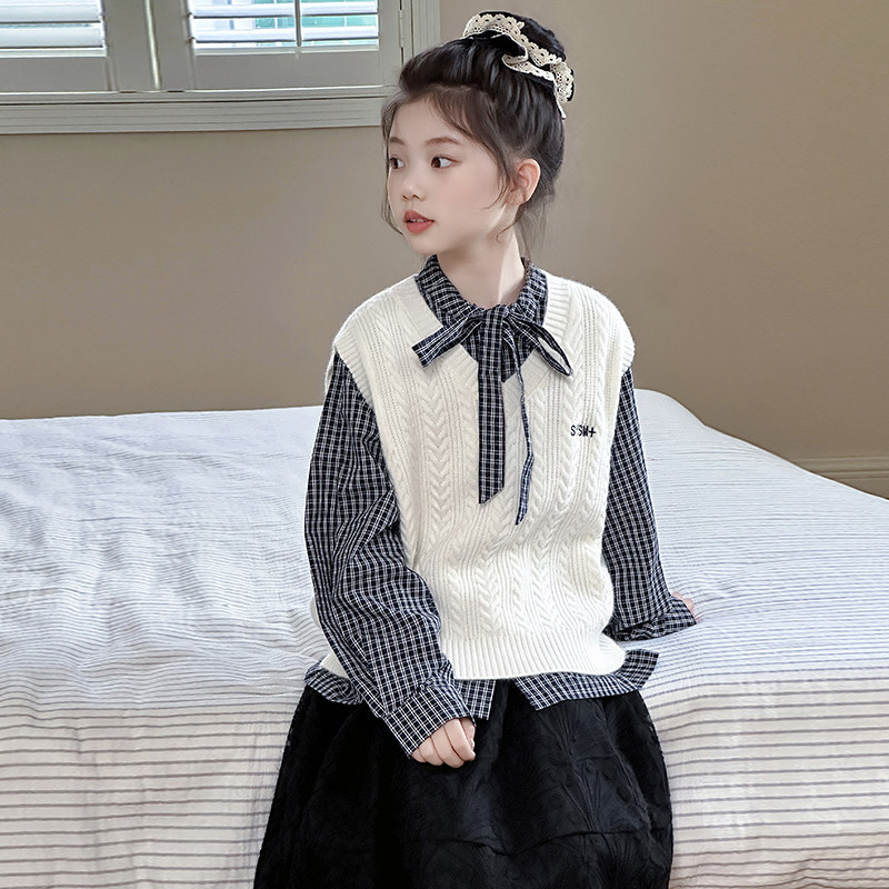 女童春秋韩系蝴蝶结格子衬衫套装