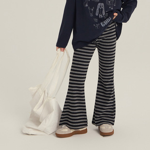 儿童条纹喇叭裤韩版洋气中大童春秋款长裤新女童简约修身裤子百搭