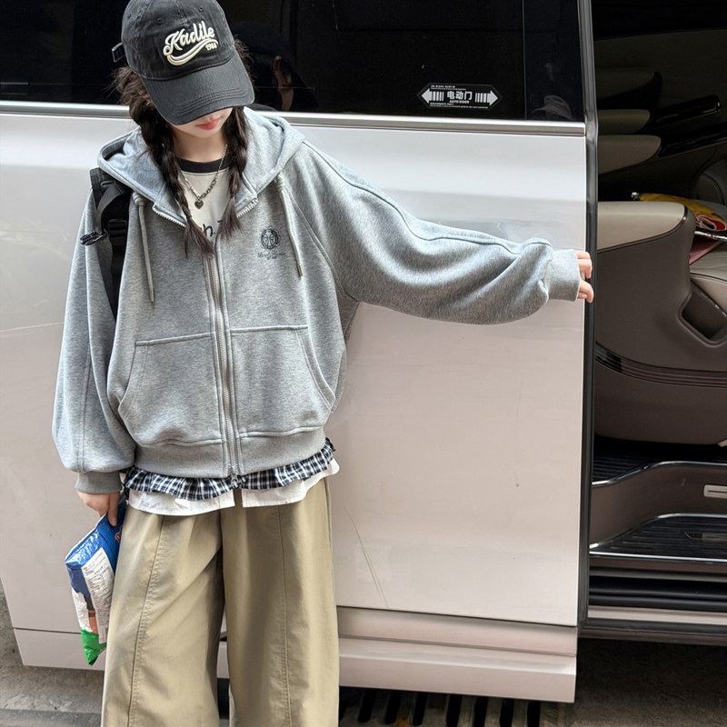 秋季女大童连帽卫衣开衫假两件