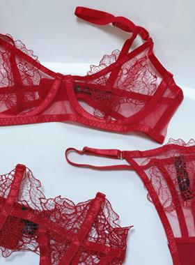 法式红色刺绣网纱内衣超薄大胸内衣性感蕾丝调整文胸套装纯欲
