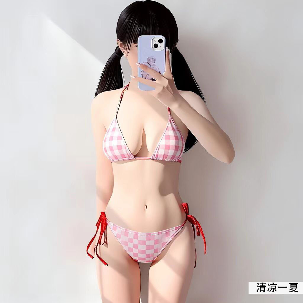 可爱少女小胸系绳三件套裙比基尼Bikini格子大码分体聚拢游泳衣女