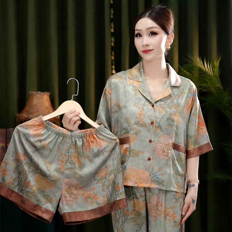 睡衣女三件套中式国风2025夏季新款蝙蝠衫薄款休闲家居服大码套装