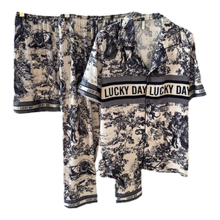 睡衣水墨画女夏天冰丝薄短袖短裤情侣家居服高级感外穿开衫三件套