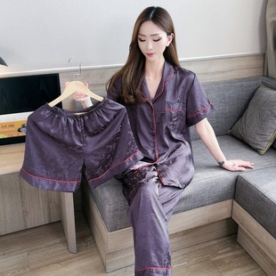 妈妈家居服 冰丝睡衣女2025新款 夏高级感紫色短袖 薄三件套时尚 开衫