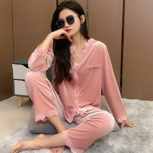 秋季新款金丝绒睡衣女长袖V领