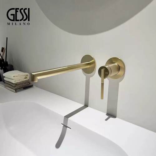 意大利GESSI极简拉丝金全铜暗装入墙式墙出预埋化妆室面盆水龙头