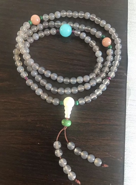 灰云海石加天河石玫瑰石须伦四圈手链佛珠长挂链6MM
