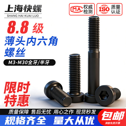 8.8级黑色薄头内六角螺丝DIN7984