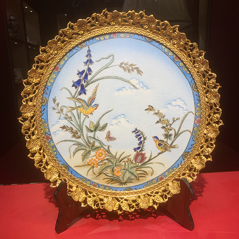 美式家居陶瓷配铜客厅茶几圆果盘玄关手绘陶瓷赏盘室内软装装饰盘