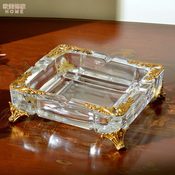 双十一爆款餐桌茶几奢华水晶玻璃配铜烟缸新古典北欧烟碟工艺品