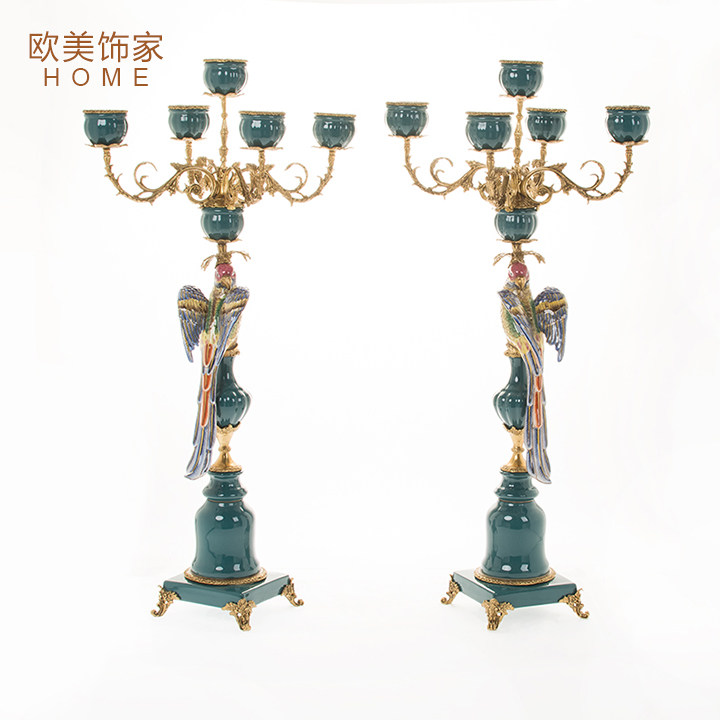 欧美陶瓷鹦鹉烛台别墅会所工艺品