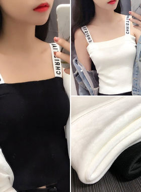 chic字母吊带加绒加厚背心女内搭保暖打底上衣修身设计感小众黑色