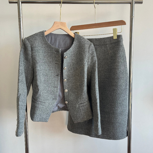 IDA 法式风格 富雅名媛风 优雅圆领羊毛短款外套+半身裙套装 秋冬