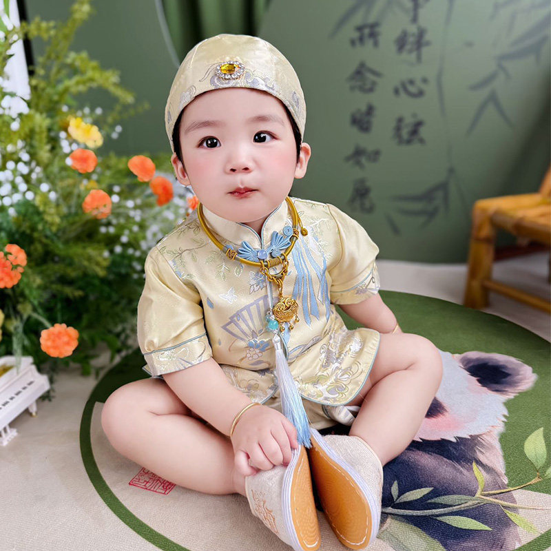 周岁男宝礼服夏季新中式男童分体唐装1周岁宴抓周服婴儿百天衣服