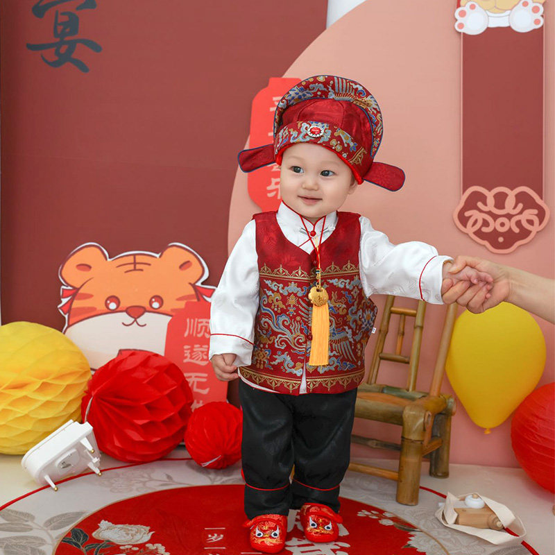 周岁礼服男夏季短袖马甲四件套中国风男童唐装生日宴抓周服套装