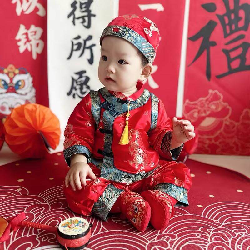 周岁礼服男宝宝秋一岁生日中式男童抓周服红色唐装婴儿套装拜年服