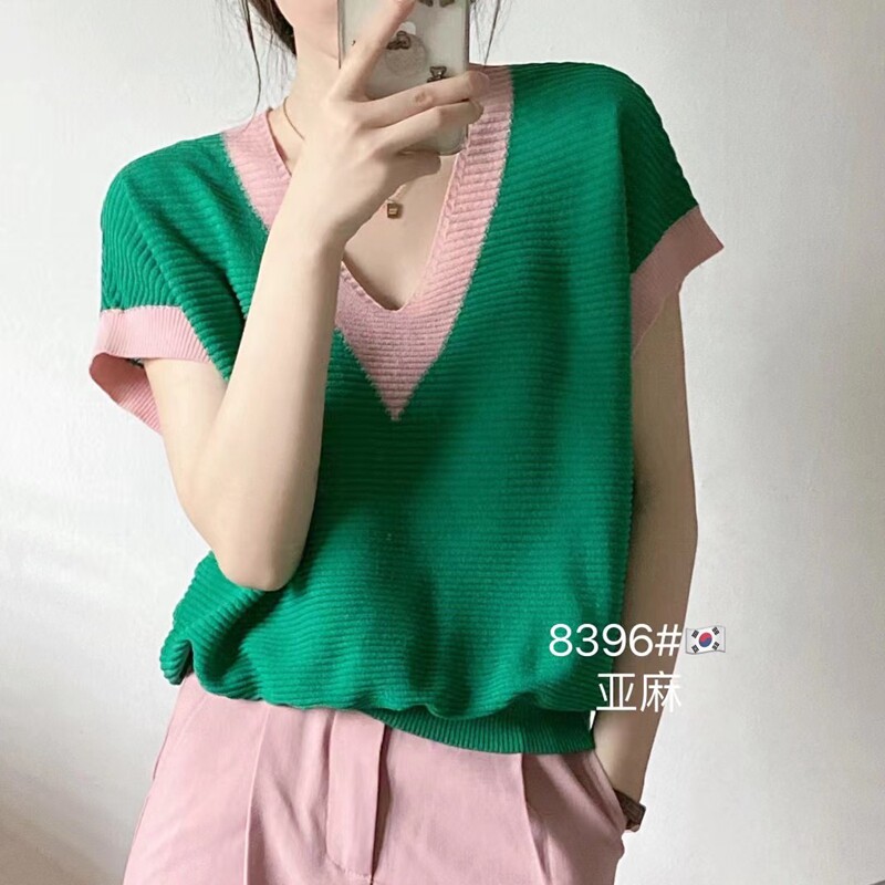 zpwe撞色V领冰丝针织衫2023夏季新款短袖宽松显瘦简约百搭女上衣