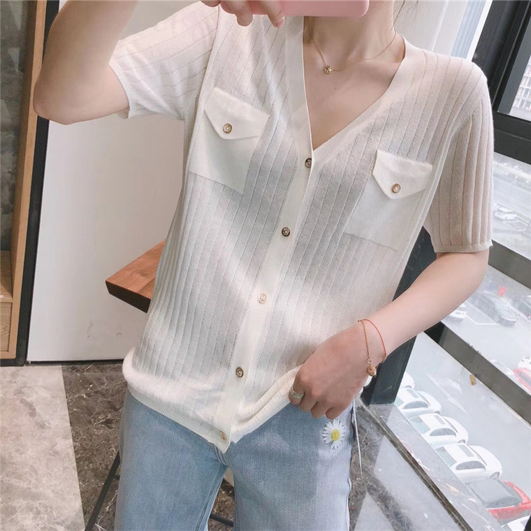 亚麻冰丝T恤女韩版2023夏季新款V领短袖上衣修身显瘦打底针织衫薄