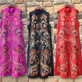 国风秋冬刺绣花长款 马甲提花缎无袖 外套重工刺绣花立领坎肩马夹帅