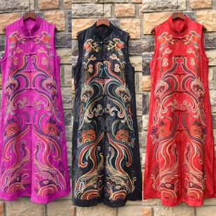 国风秋冬刺绣花长款马甲提花缎无袖外套重工刺绣花立领坎肩马夹帅