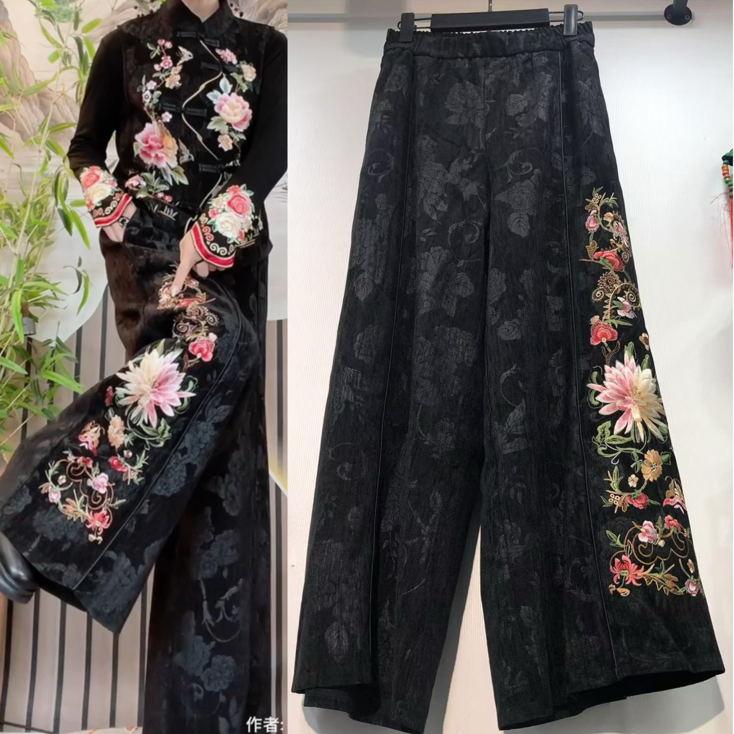 烫花雪尼尔面料国风刺绣花阔腿裤女款中老年时尚潮流秋冬休闲裤子