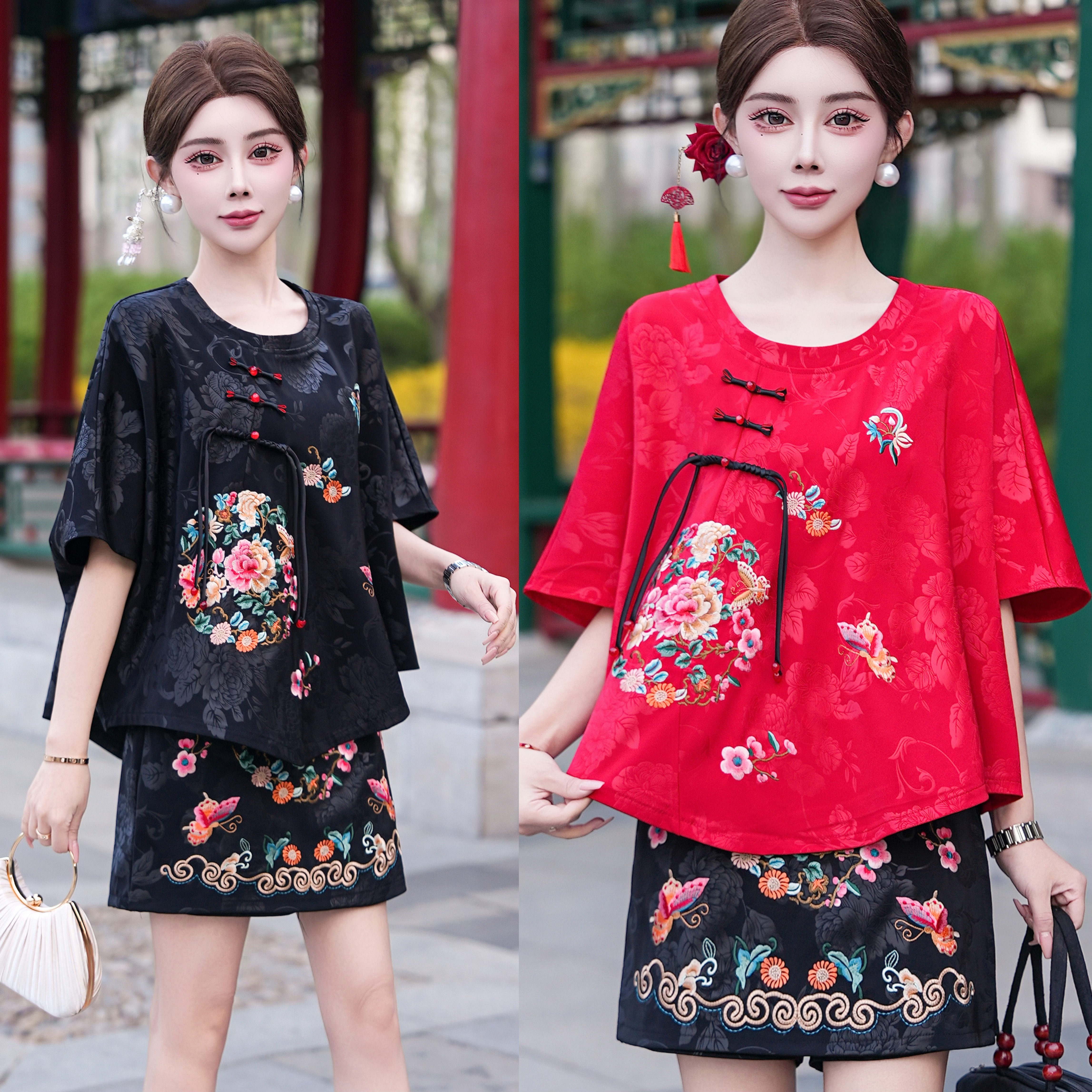 26春装新款不规则大码女装宽松版圆领国风刺绣花短袖上衣裙裤套装