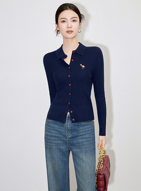 RMO&JUL超细美丽诺羊毛撞色纽扣亮片刺绣翻领针织开衫罗家秋女装