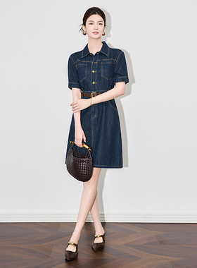 RMO&JUL气质通勤复古蓝色收腰显瘦翻领牛仔棉衬衫连衣裙罗家女装