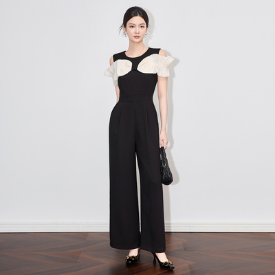 时尚撞色蝴蝶结露肩阔腿连体裤