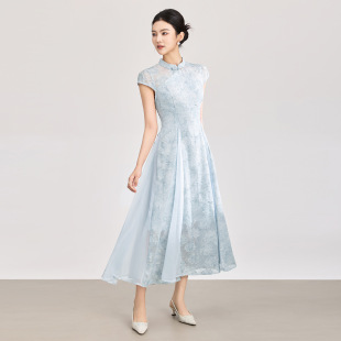 RMO&JUL温婉雅致立体烧花人丝拼接收腰显瘦旗袍长裙连衣裙罗家女