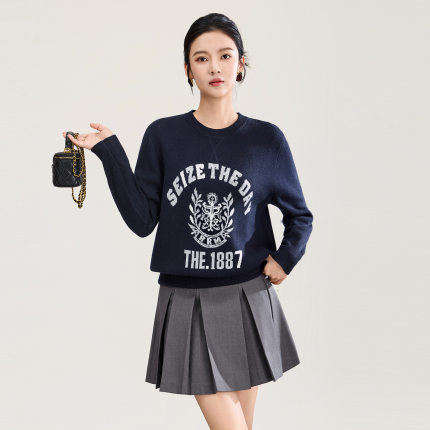 RMO&JUL复古学院风撞色字母印花圆领长袖羊毛针织衫毛衣罗家女装